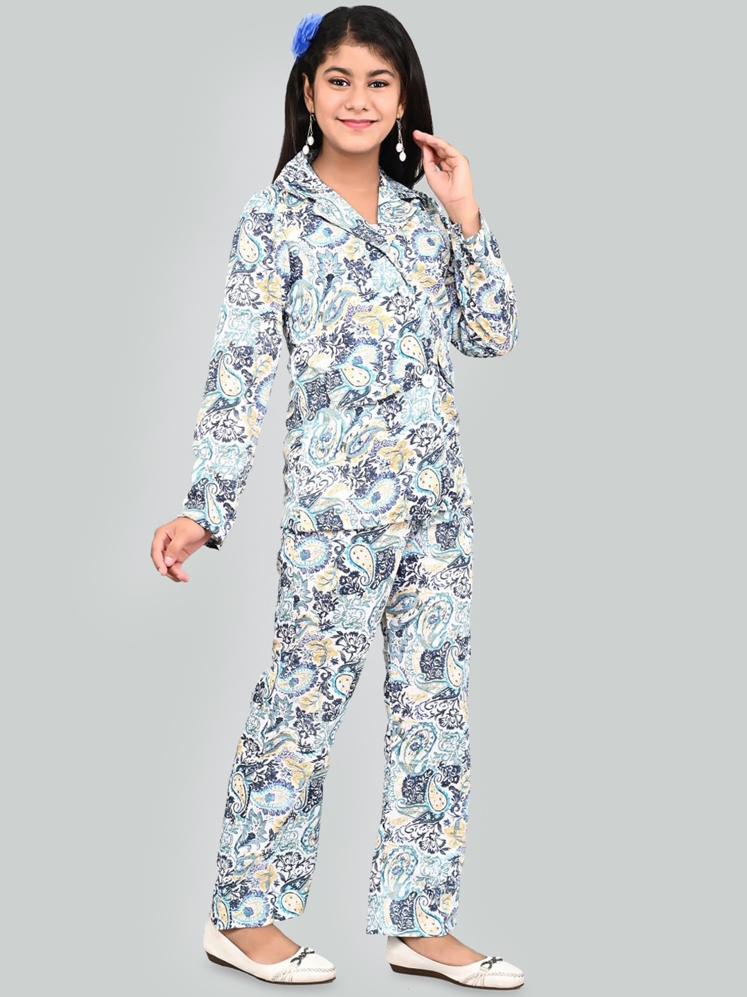 

FELLAMO Girls Paisley Printed Shirt With Trousers, Blue