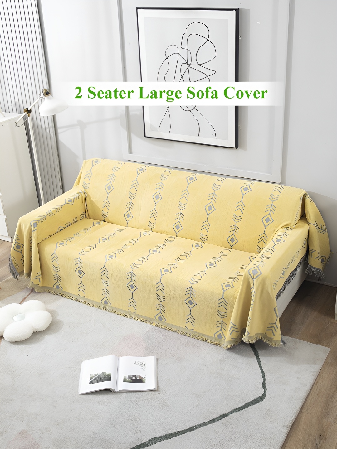 

HOKIPO Yellow & Grey Geometric Printed Cotton Chenille 2 Seater Sofa Throw