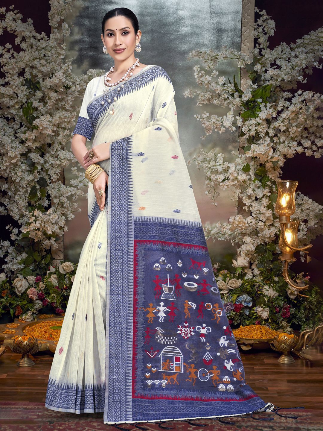 

SANGAM PRINTS Woven Design Zari Tussar Saree, Cream