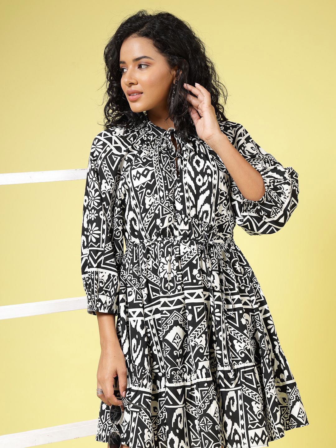 

EVERYDAY by ANI Ethnic Motifs Printed Fit & Flare Midi Dress, Black