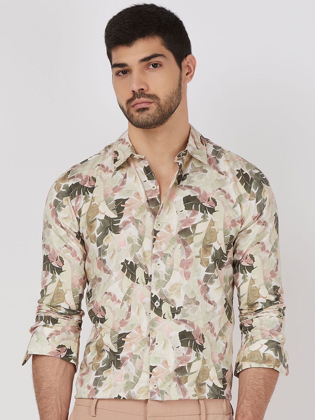 

Mufti Men Spread Collar Tropical Printed Cotton Slim Fit Casual Shirt, Beige