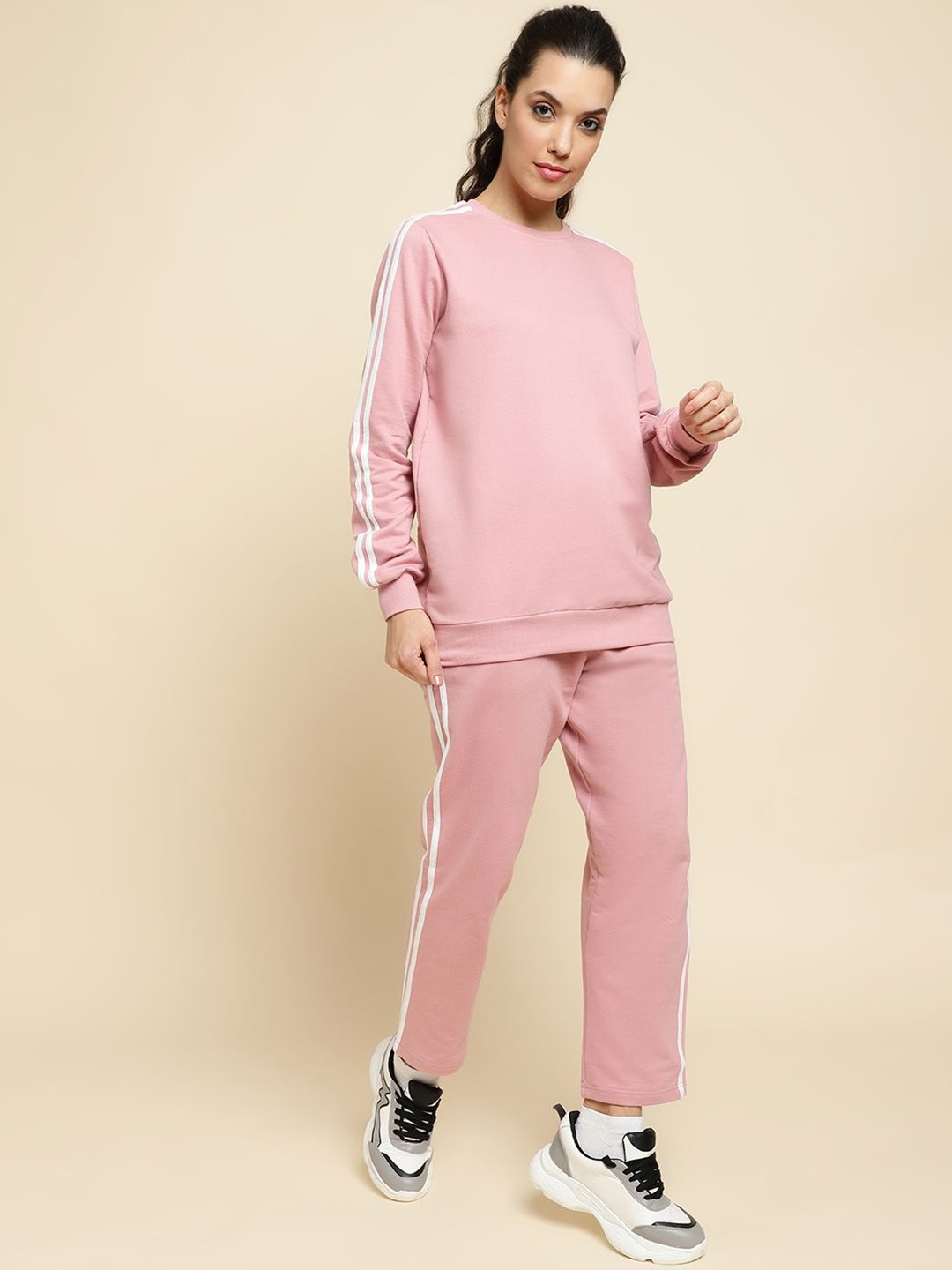 

UnaOne Women Cotton Striped Details Tracksuits, Peach