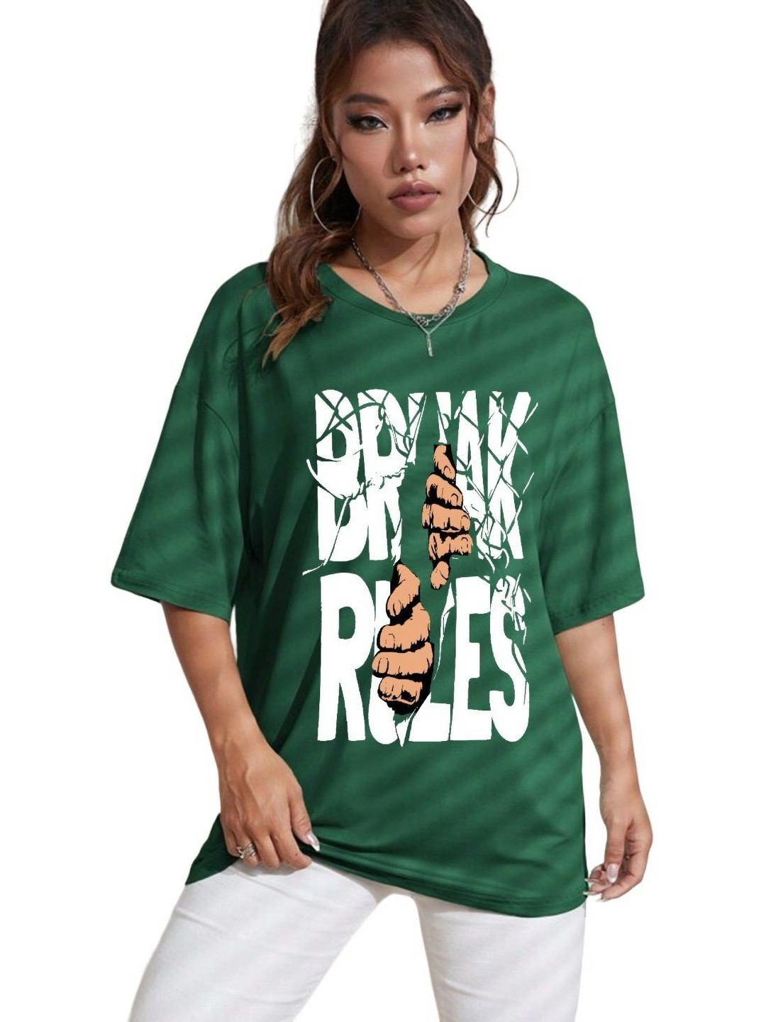 

TABADTOD Women Typography Printed Drop Shoulder Sleeves Oversized T-shirt, Green