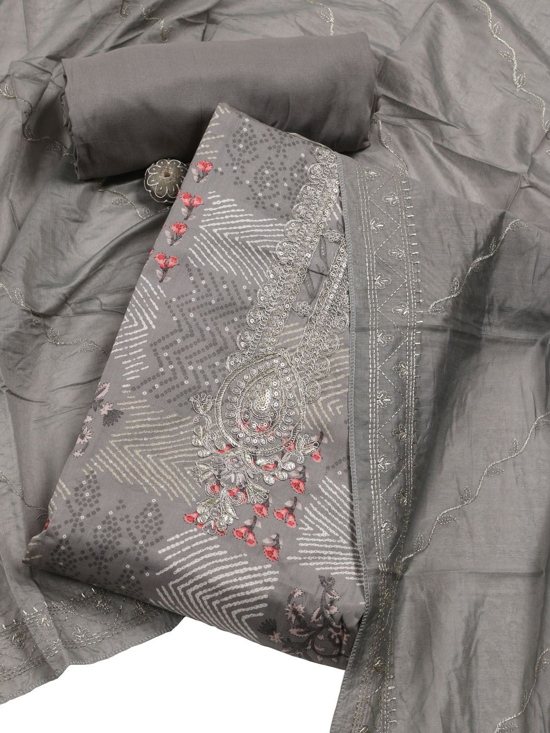 

Meena Bazaar Ethnic Motifs Printed Sequinned Unstitched Dress Material, Grey