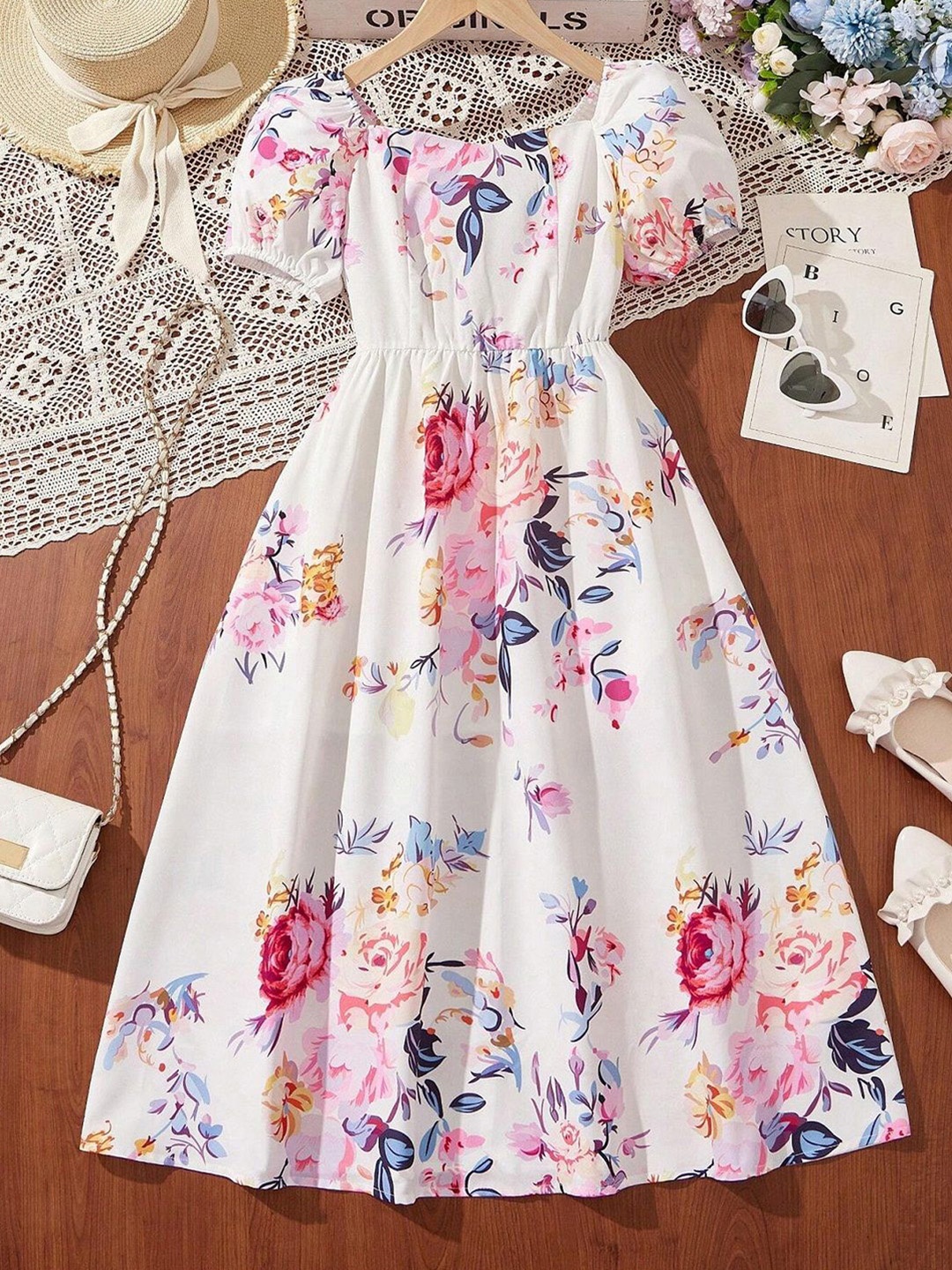

BAESD Girls Floral Printed Fit & Flare Dress, White