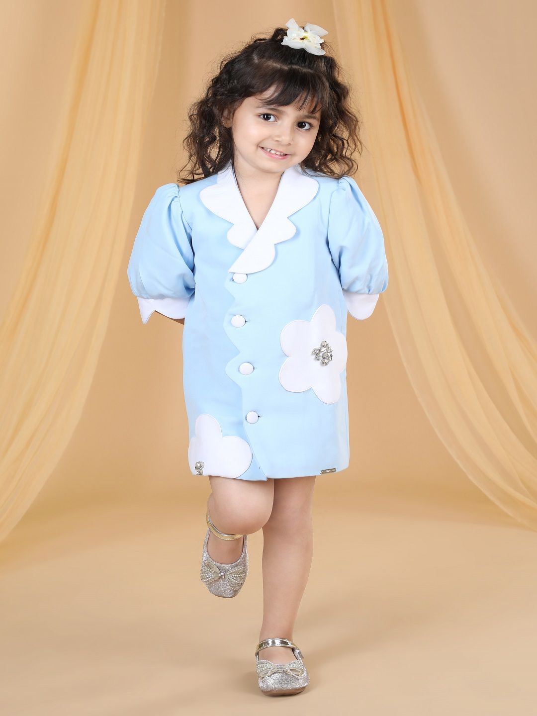 

THE LITTLE CELEBS Girls Puff Sleeve Applique A-Line Dress, Blue