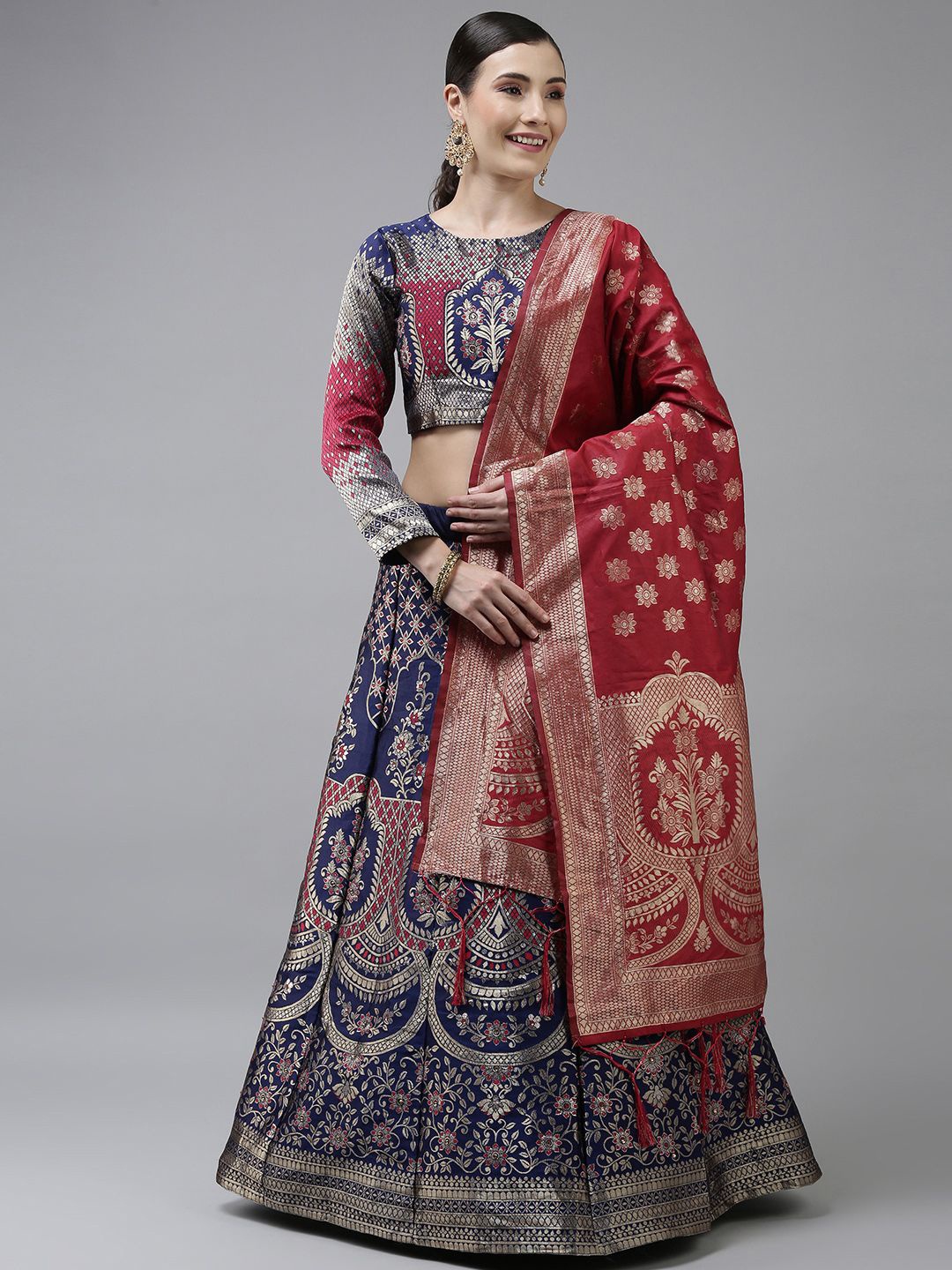 

MAGMINA Woven Design Zari Semi-Stitched Lehenga & Unstitched Blouse With Dupatta, Blue