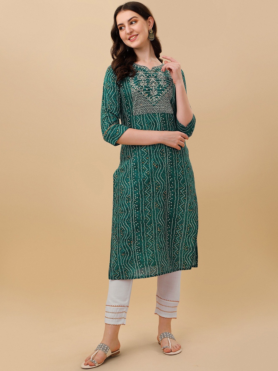 

TRAHIMAM Bandhani Embroidered Thread Work Kurti with Trousers, Teal