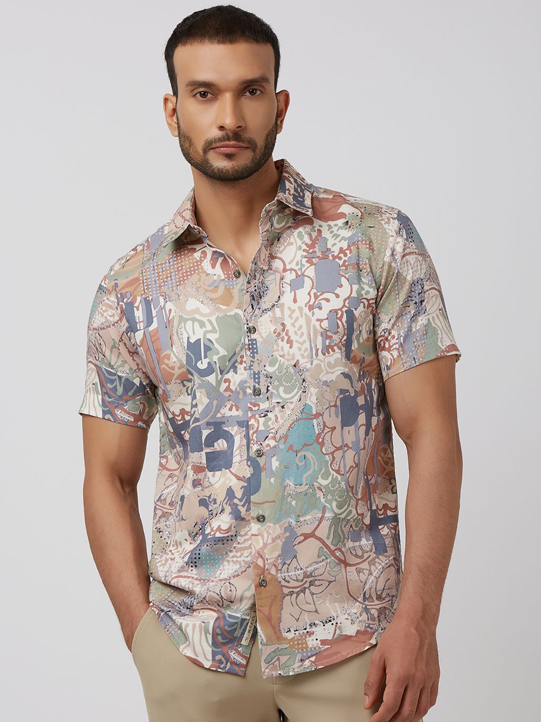 

Mufti Men Spread Collar Abstract Printed Cotton Slim Fit Casual Shirt, Pink