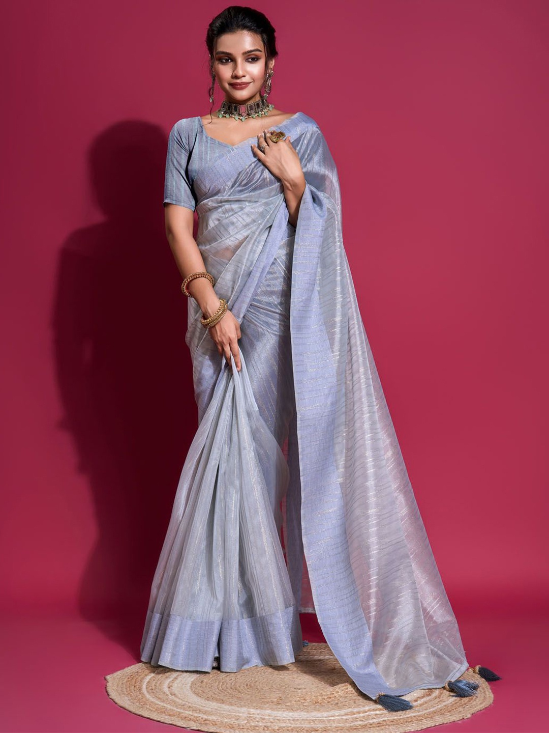 

Meena Bazaar Striped Zari Organza Saree, Grey