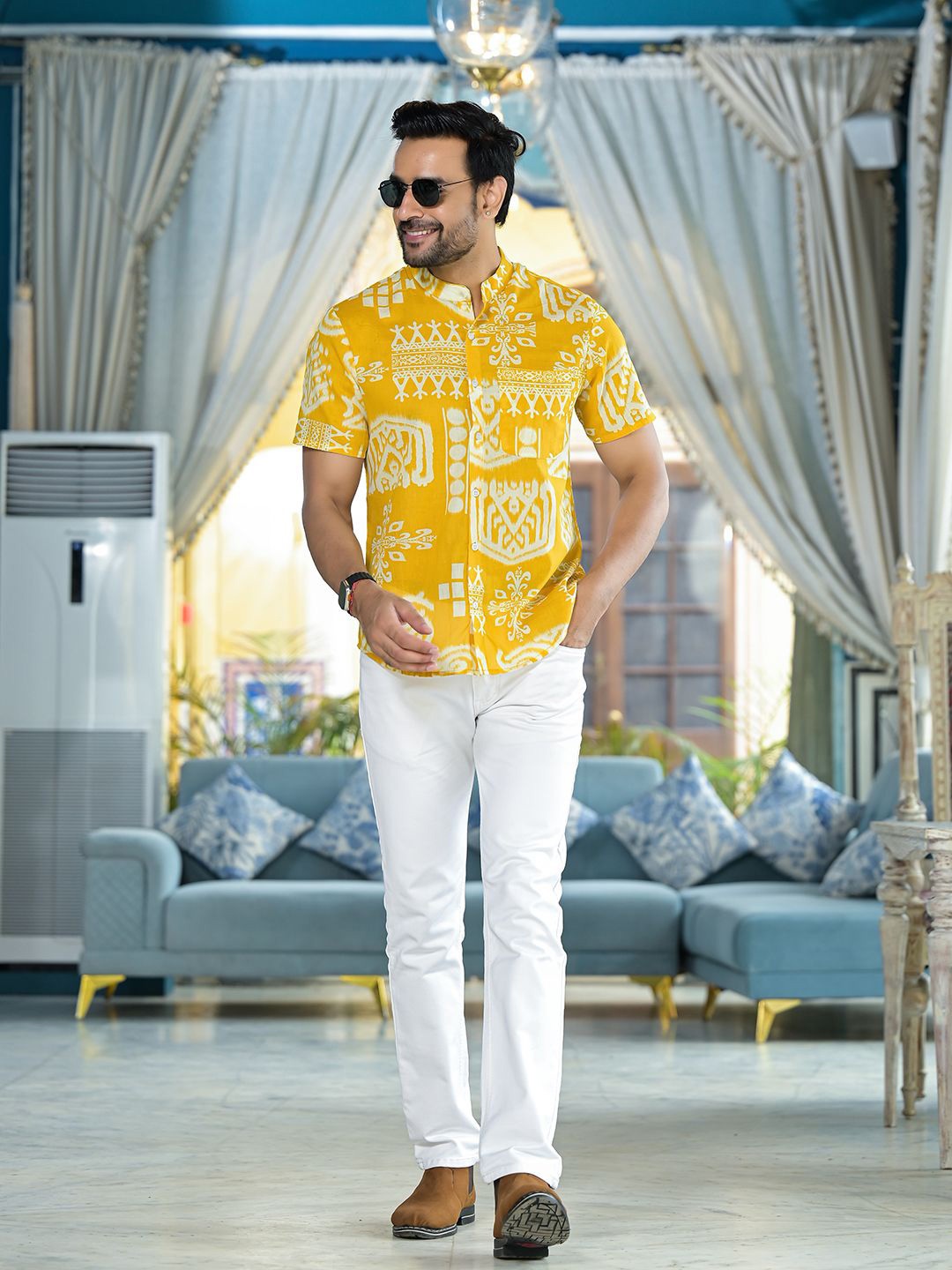 

AKS Men Spread Collar Abstract Printed Cotton Casual Shirt, Mustard