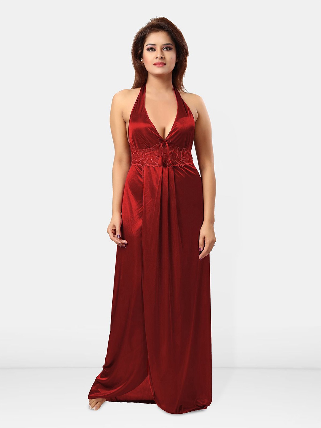 

Be You Women Halter Neck Self Design Nightgown, Maroon