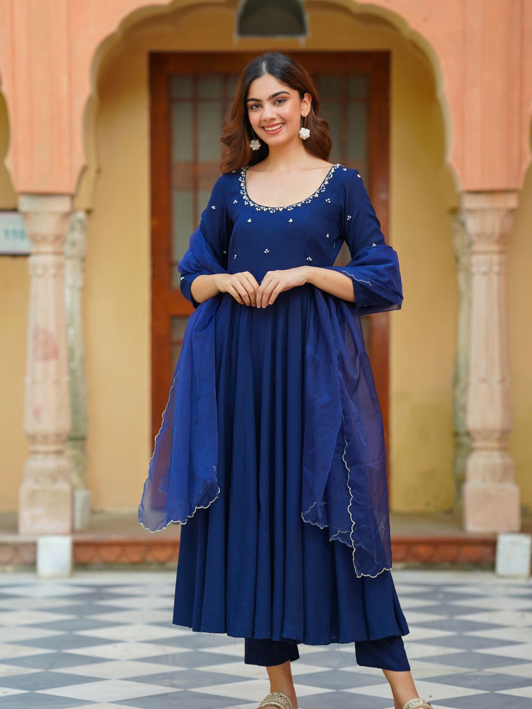 

Ambraee Floral Yoke Design Empire Beads and Stones Anarkali Kurta With Trousers & Dupatta, Blue