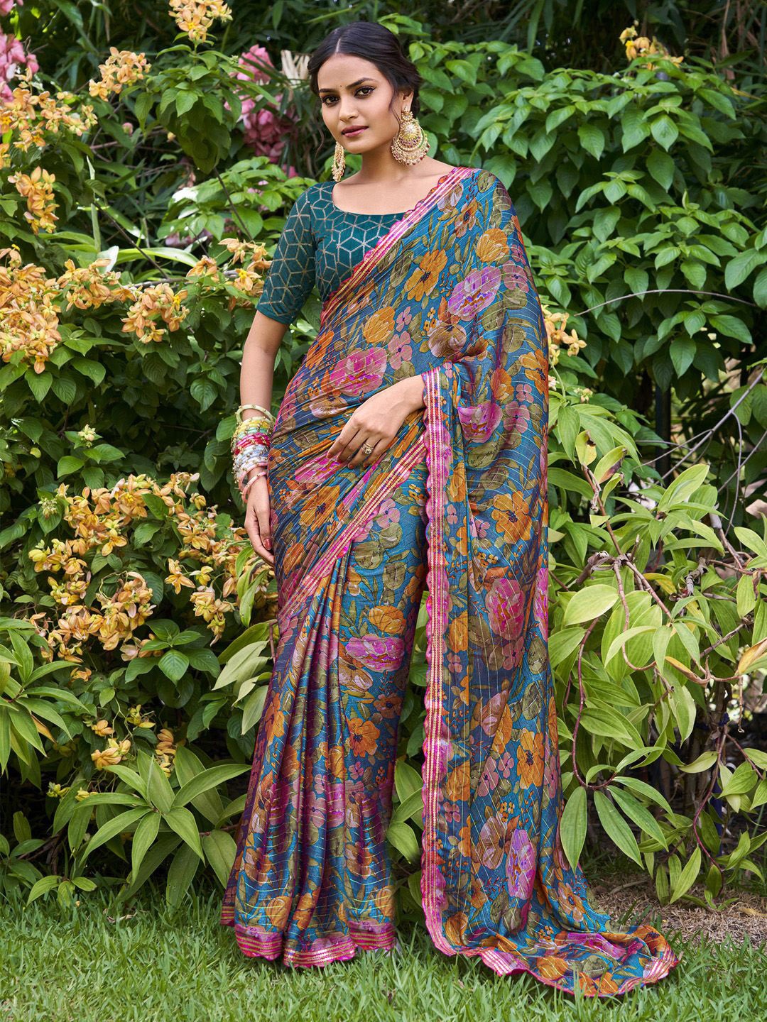 

Saree mall Embellished Floral Printed Sarees, Teal