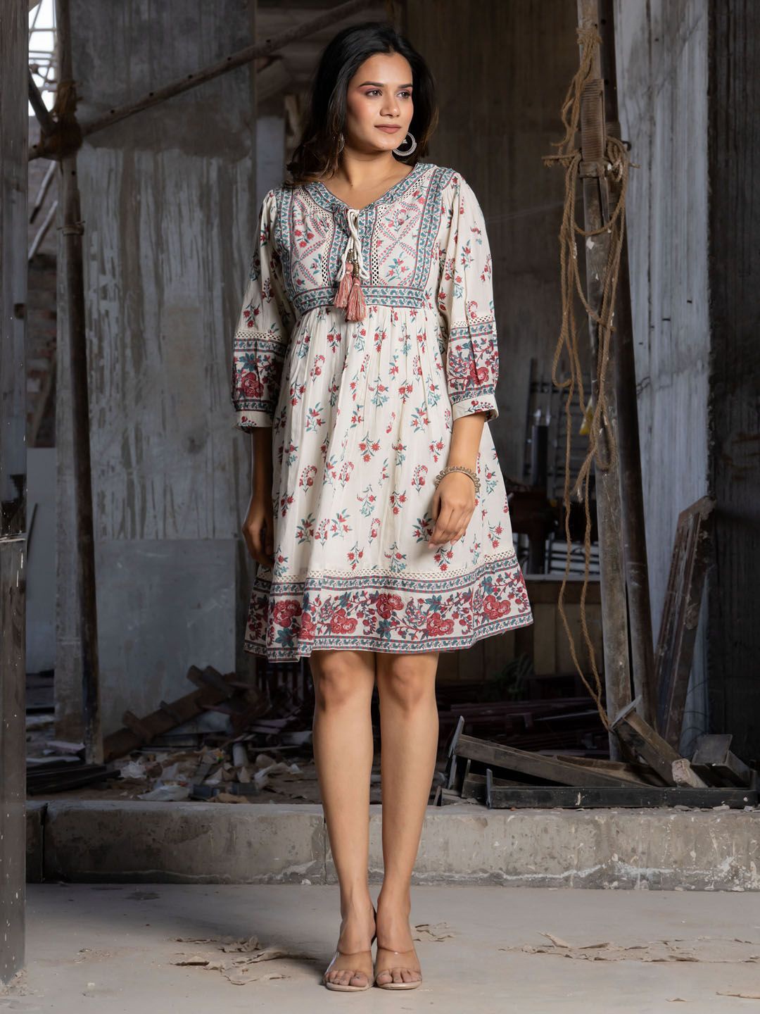 

Meena Bazaar Ethnic Motifs Prined Tie-Up Neck A-Line Mini Dress, Cream