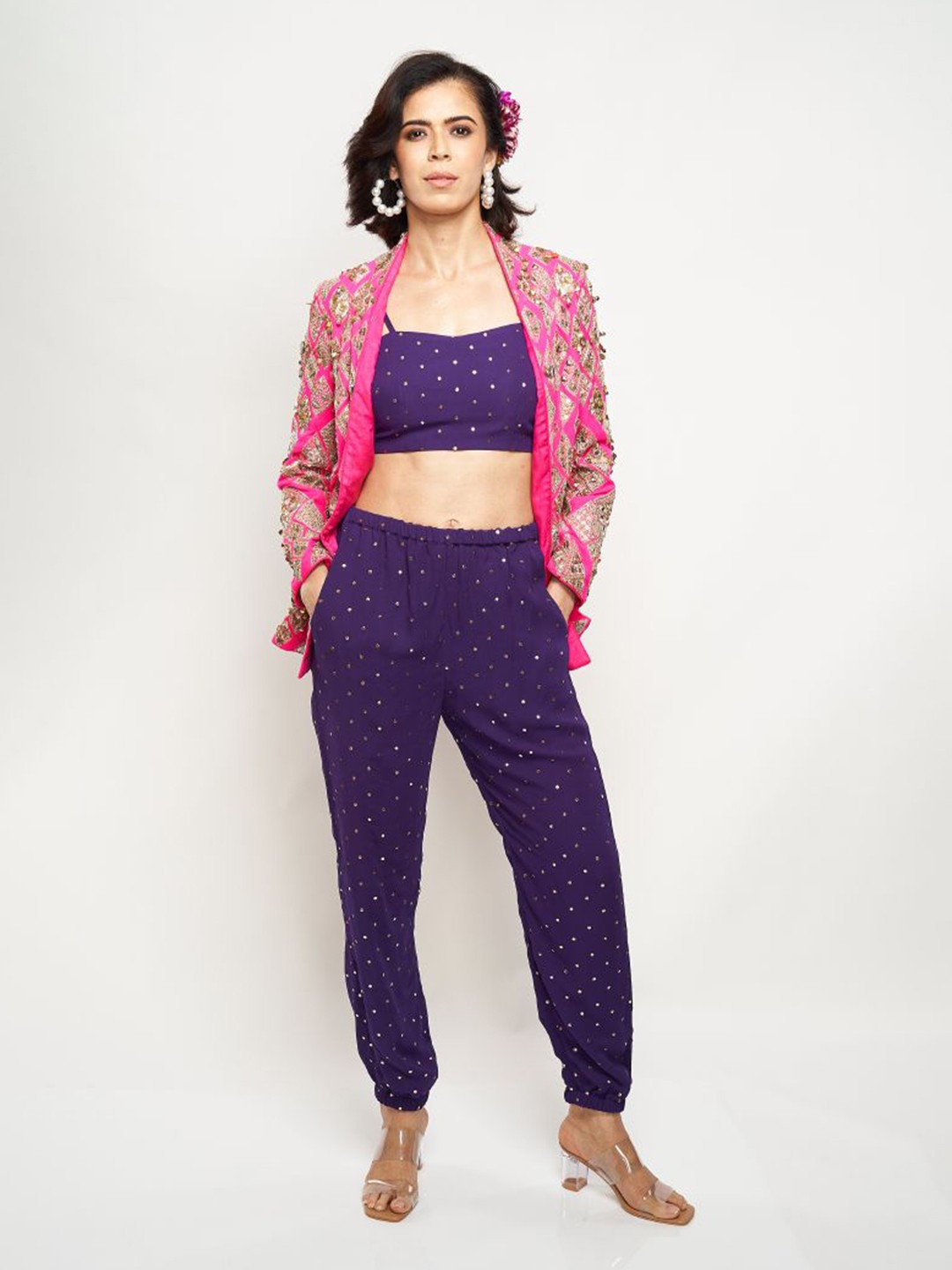 

Payal Singhal Embellished Top With Trousers & Jacket, Pink