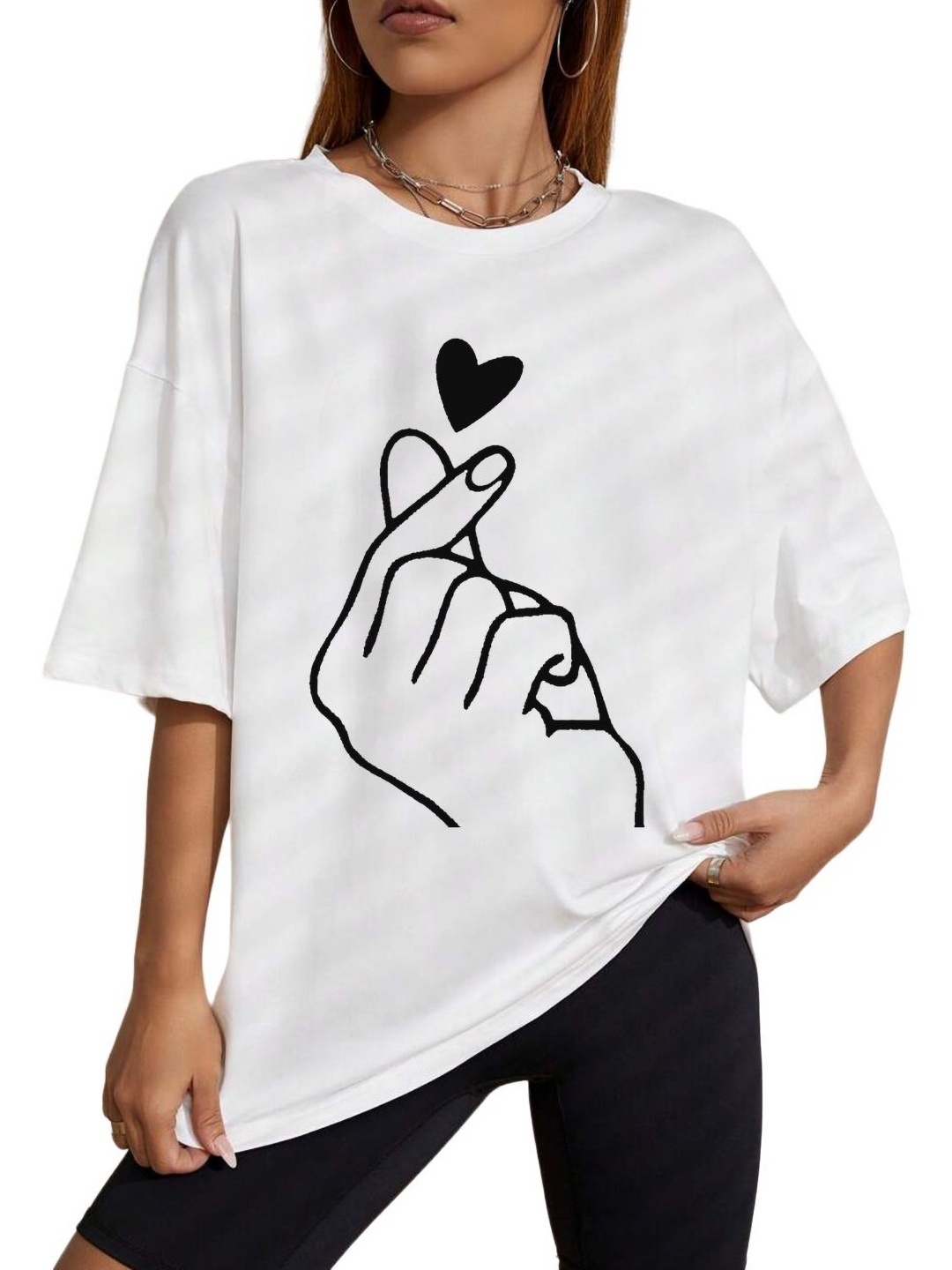 

TABADTOD Women Printed Drop-Shoulder Sleeves Monochrome Cut Outs T-shirt, White