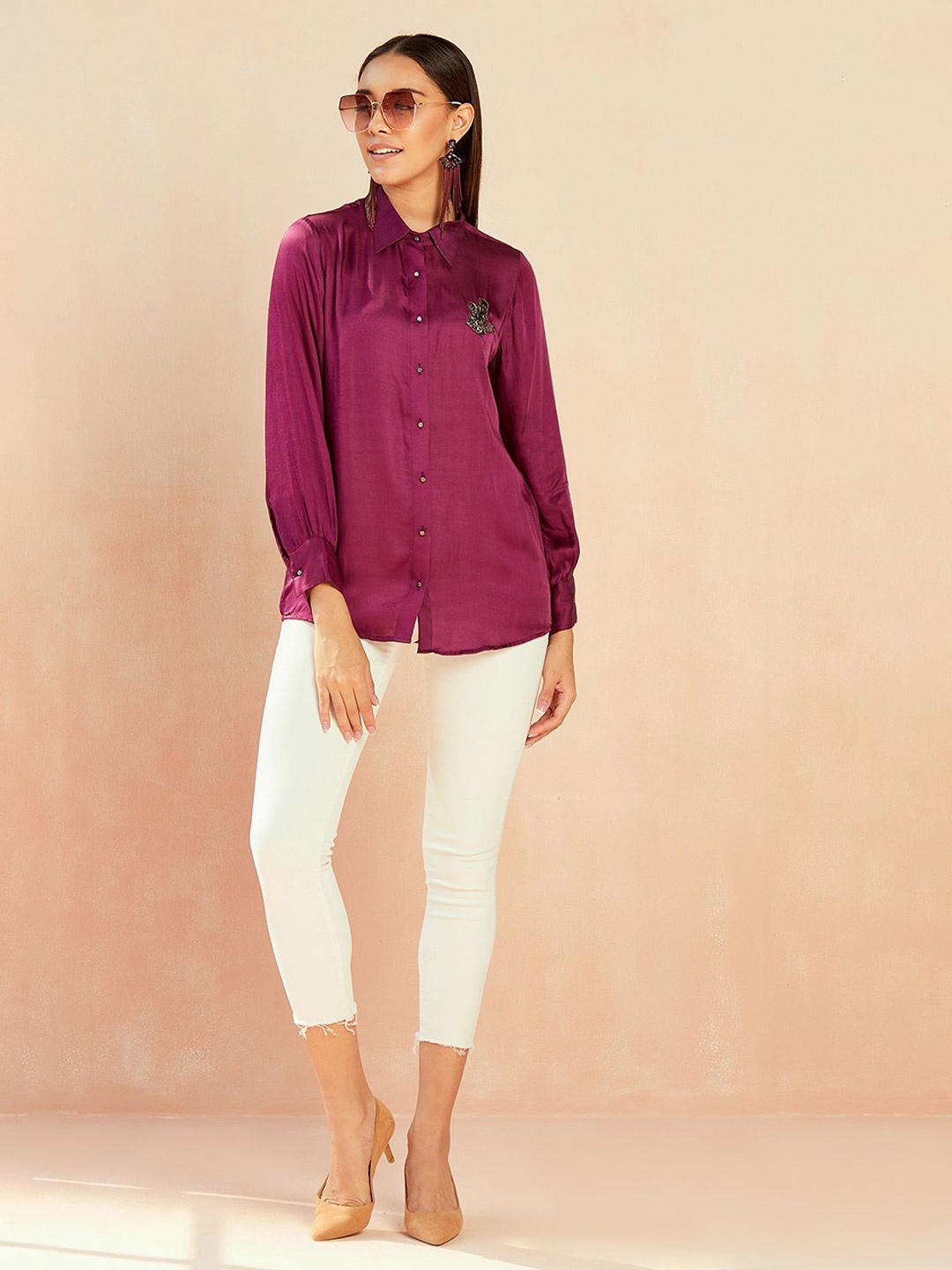 

SEVENDC Mandarin Collar Satin Shirt Style Top, Purple