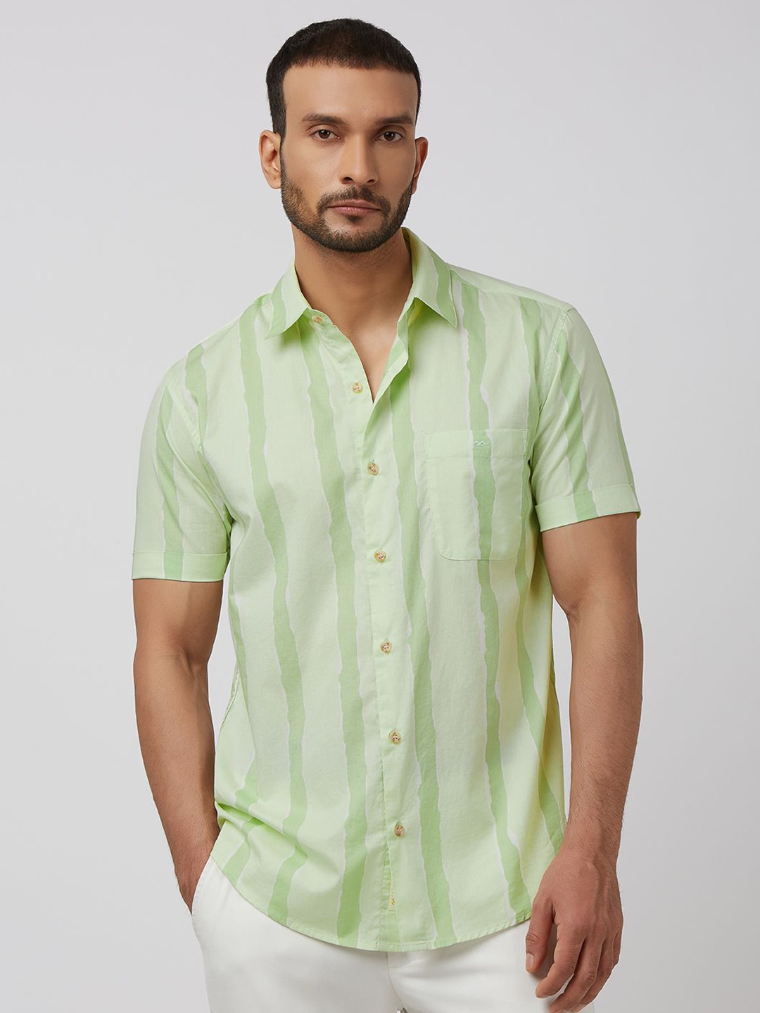 

Mufti Men Spread Collar Striped Cotton Slim Fit Casual Shirt, Green