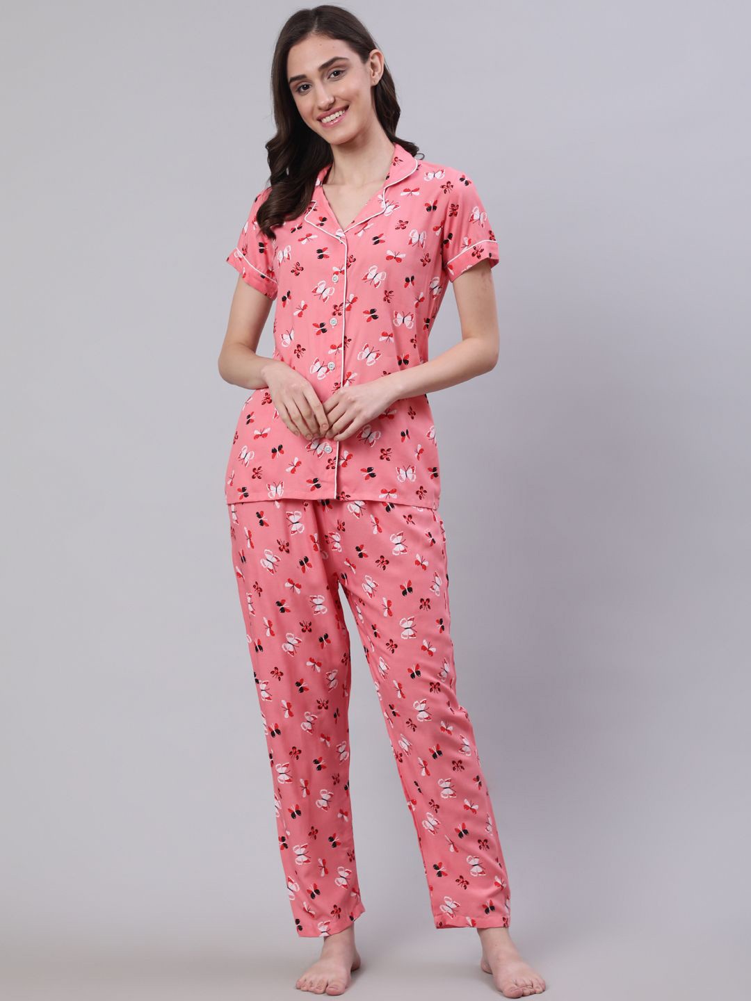 

Light Daisy Women Printed Shirt Collar Night suit, Pink