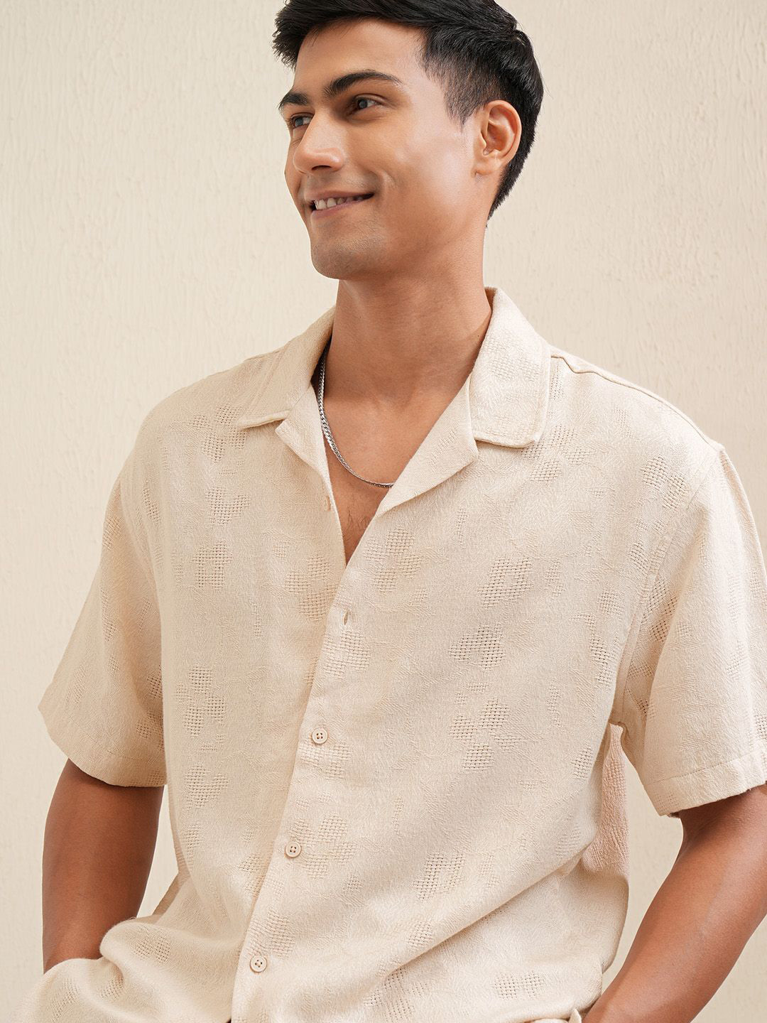 

LOCOMOTIVE Premium Men Jacquard Textured Cuban Collar Relaxed Shirt, Beige