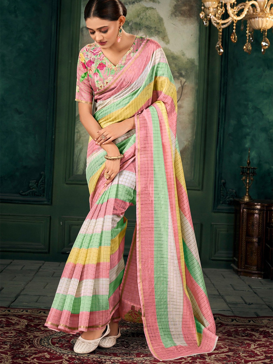 

MySilkLove Chanderi Linen Blend Checked Zari Traditional Saree, Pink