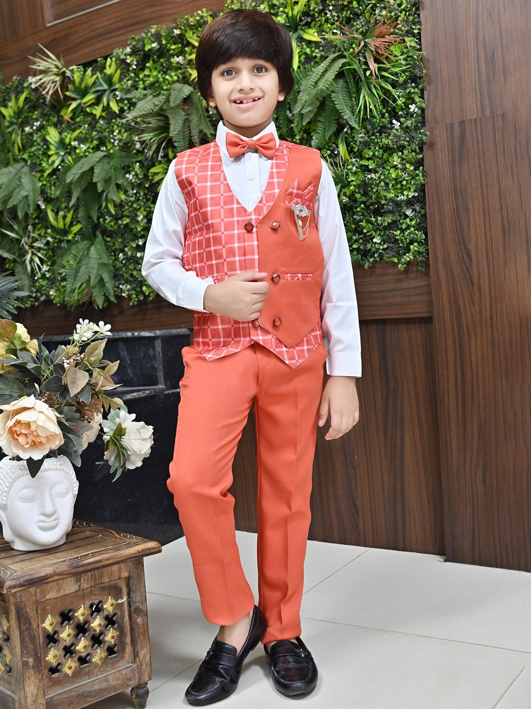 

BT DEZINES Boys 3-Piece Double-Breasted Checked Suits, Coral