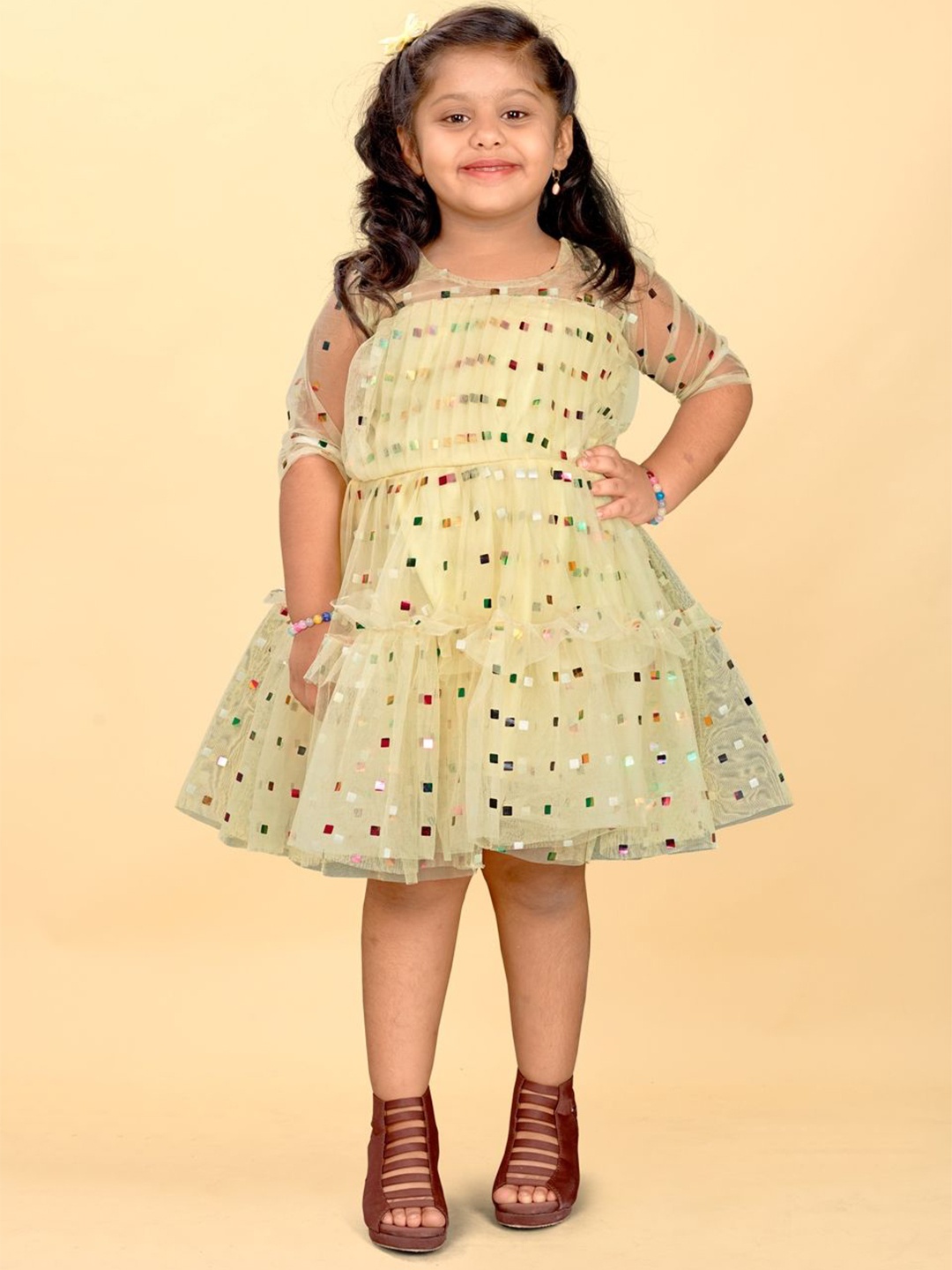 

Shrithi Fashion Fab Girls Printed Layered Net Fit & Flare Dress, Yellow
