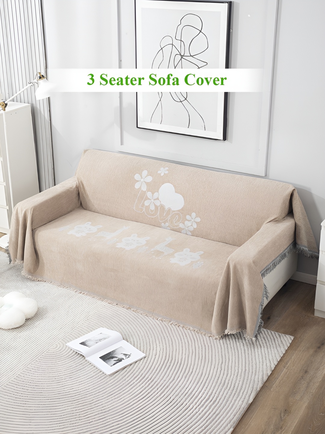 

HOKIPO Beige & White Floral Self Design 3 Seater Sofa Throw
