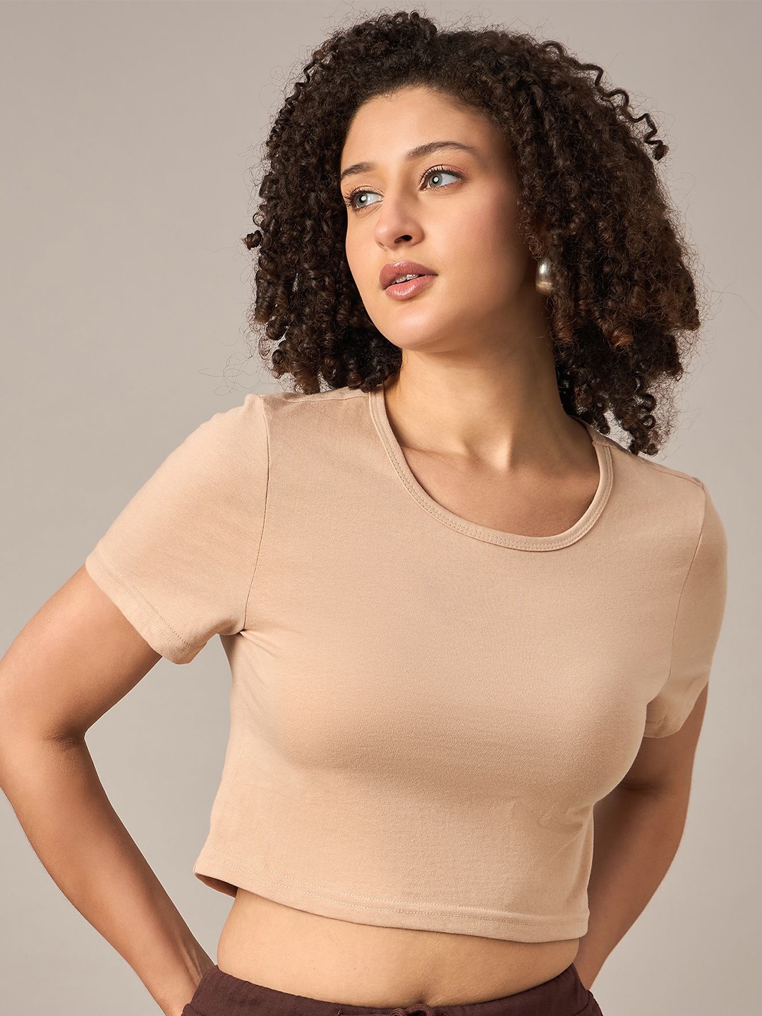 

The Roadster Lifestyle Co Cotton Crop T-Shirt, Beige