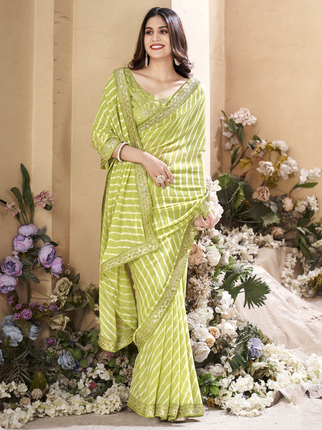 

Saree mall Sequinned Leheriya Sarees, Green