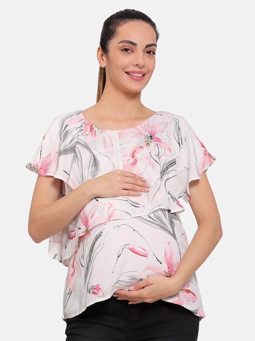 

MINI KLUB Women Floral Printed Flutter Sleeves Woven Maternity Top, White