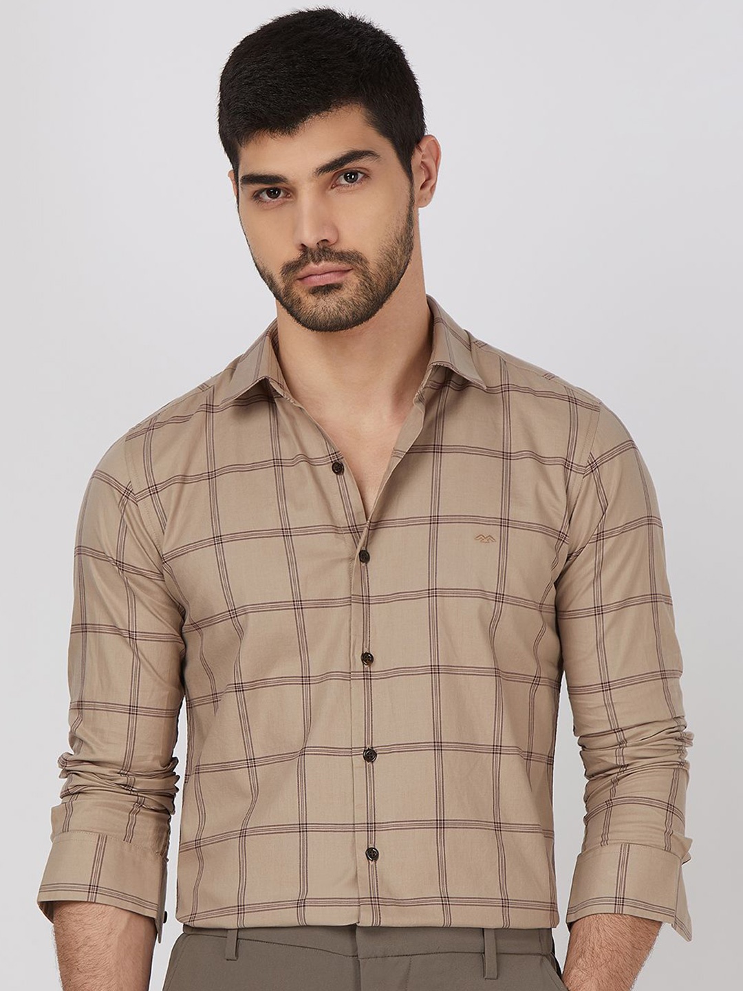 

Mufti Men Spread Collar Windowpane Checks Checked Cotton Slim Fit Casual Shirt, Khaki