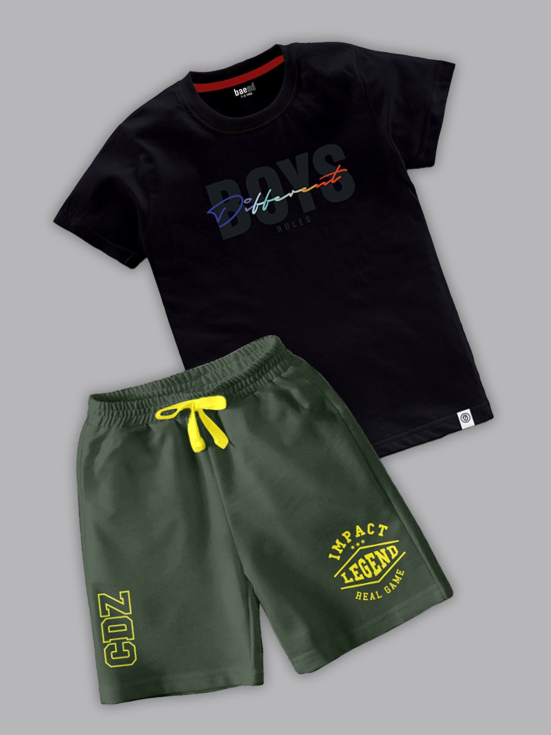 

BAESD Boys Typography Printed Round Neck T-shirt With Shorts, Olive