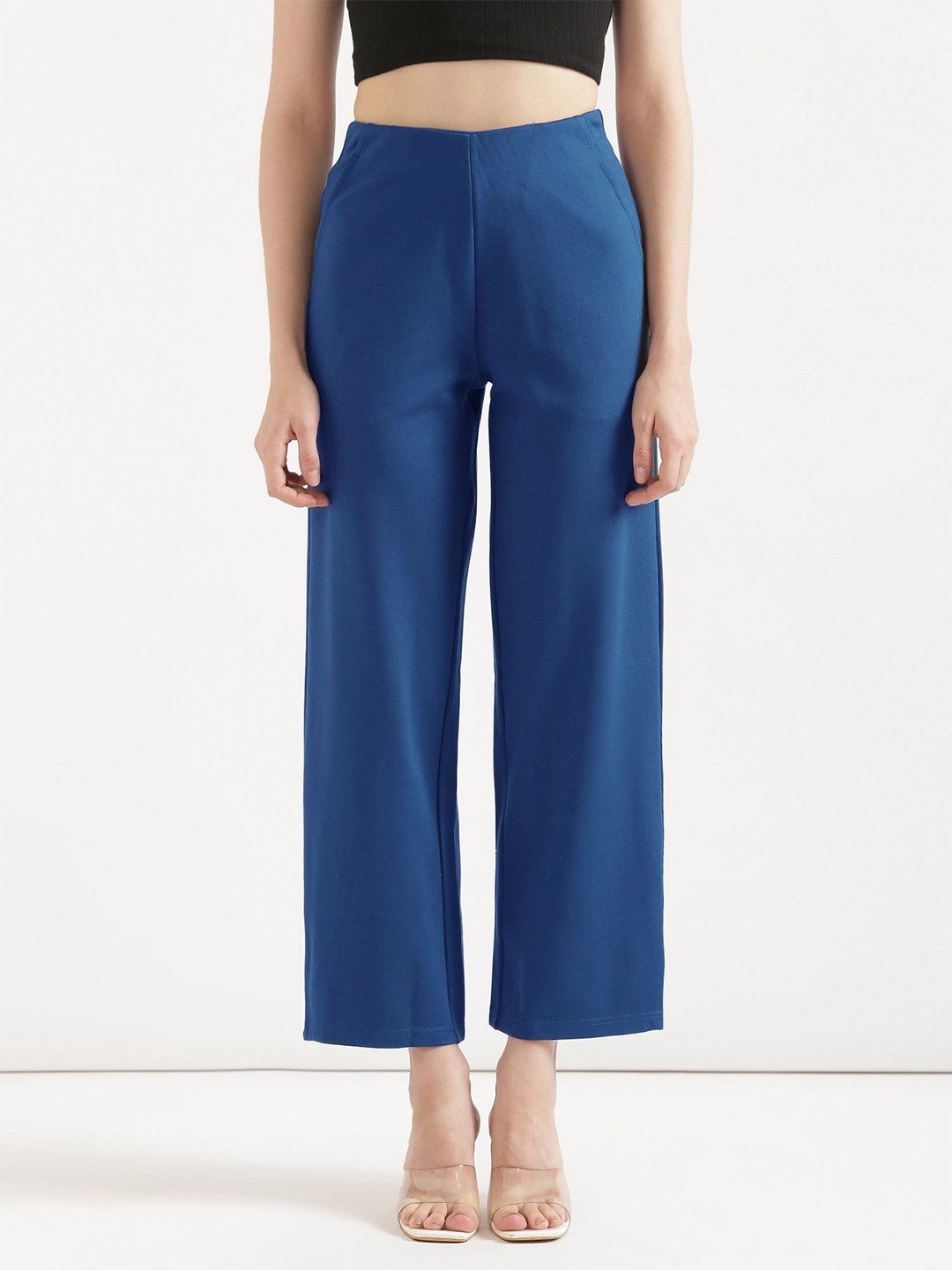 

SAADAA Women Straight Fit High-Rise Trousers, Blue