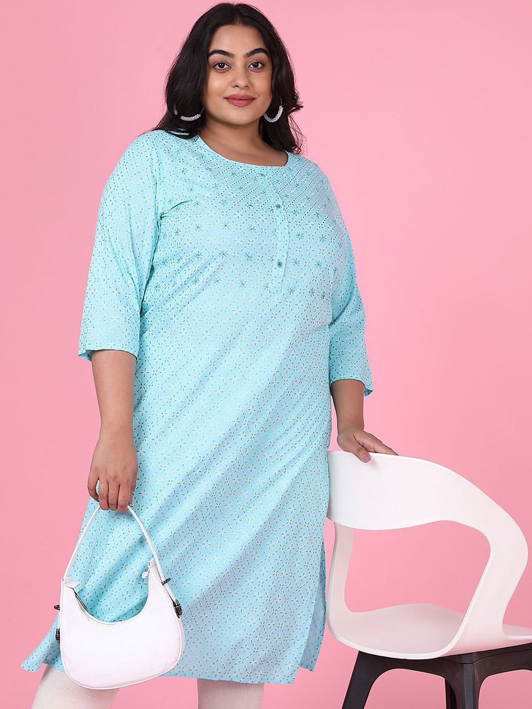 

SHOWOFF Plus Size Floral Printed Round Neck Cotton Straight Kurta, Blue