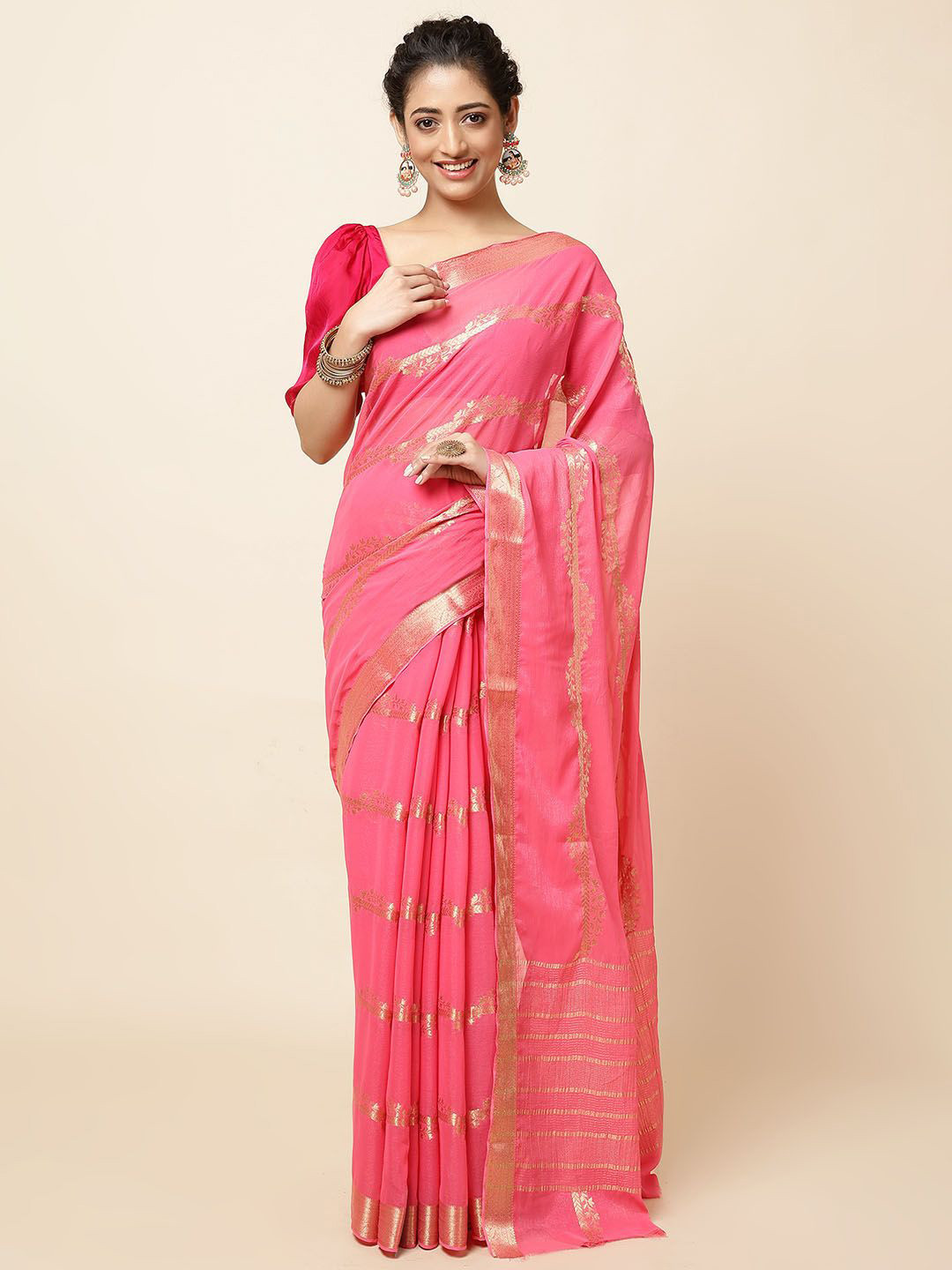 

Meena Bazaar Poly Chiffon Woven Design Zari Festive Saree, Pink