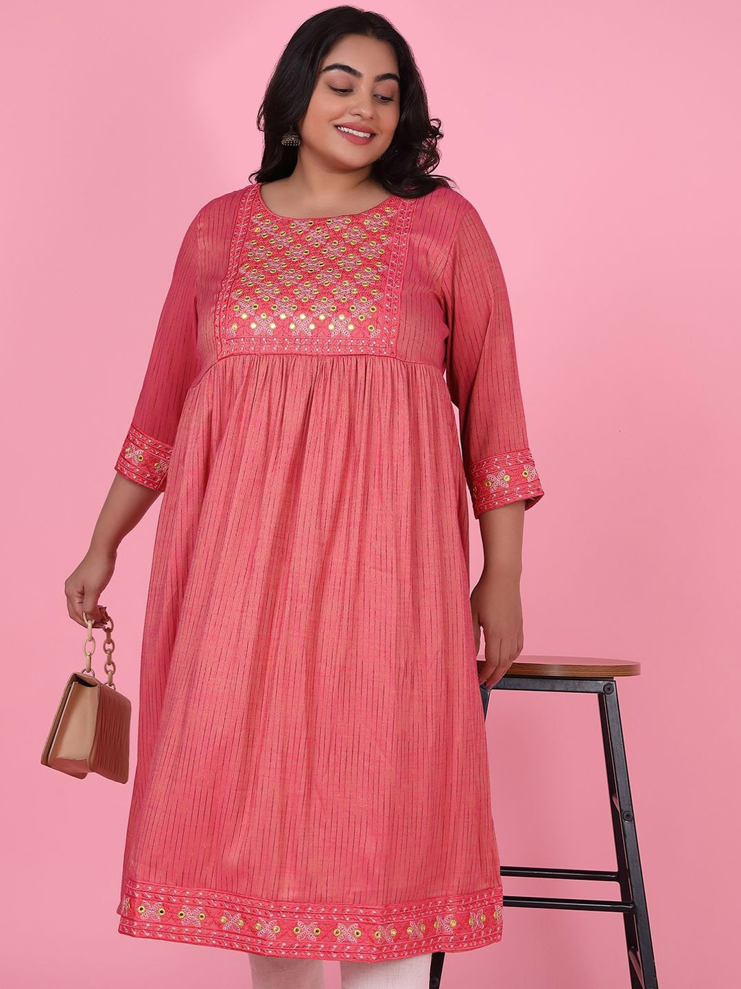 

SHOWOFF Plus Size Striped Woven Design Mirror Work High Slit A-Line Kurta, Pink
