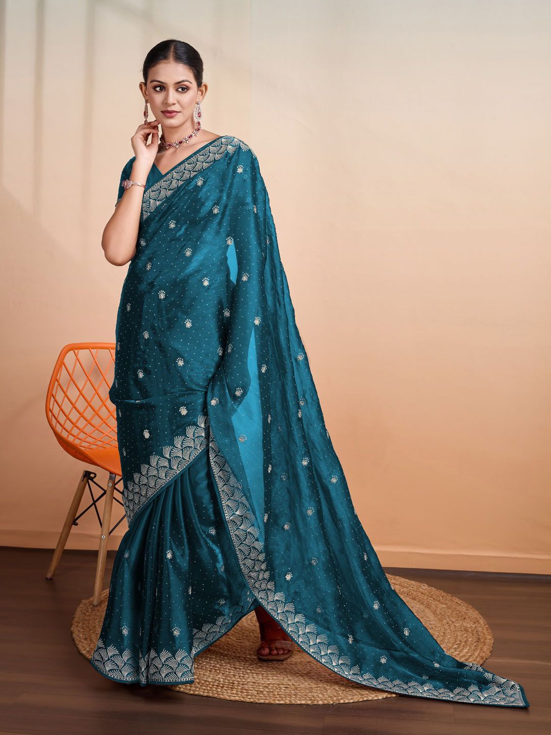 

Meena Bazaar Floral Embroidered Organza Saree, Blue