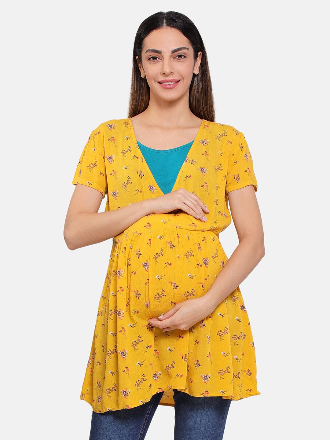 

MINI KLUB Floral Printed V-Neck Gathered Detail Woven Longline Maternity Top, Yellow