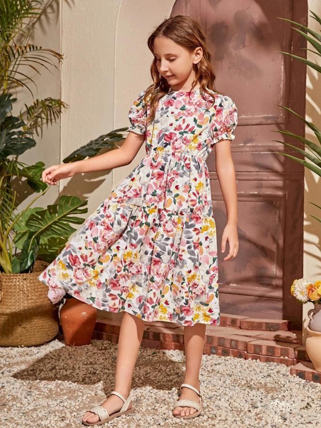

BAESD cotton Floral Printed Puff Sleeves Midi Fit and Flare Dress, Peach