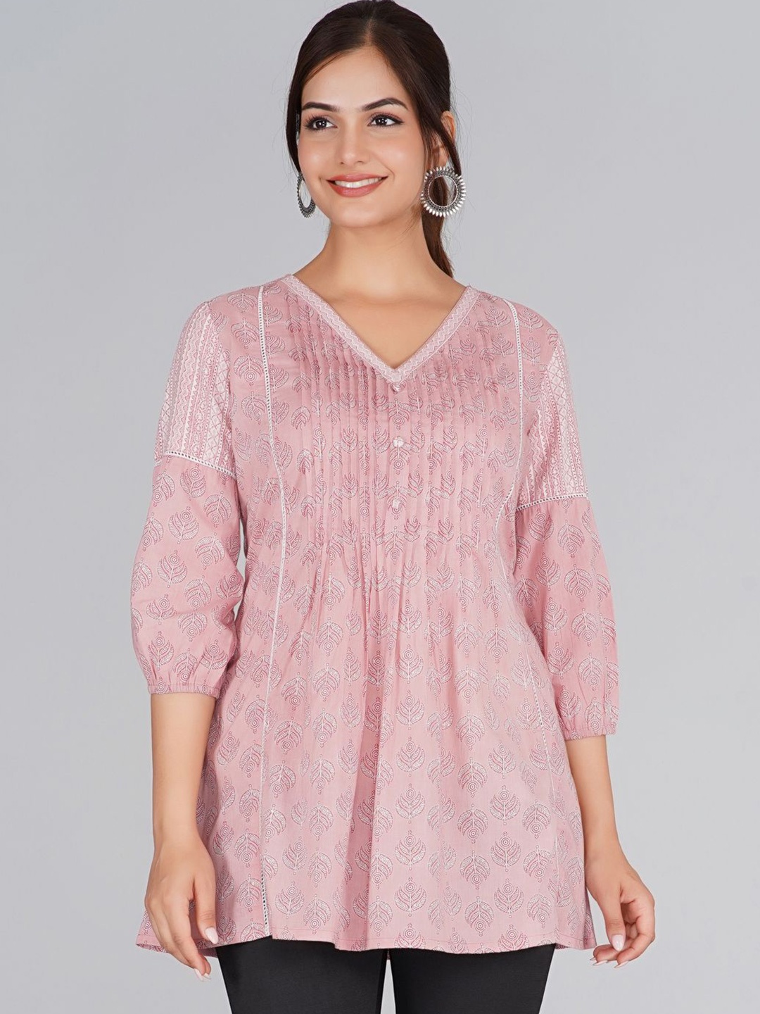

Neemiya Floral Printed V-Neck Pure Cotton Kurti, Pink