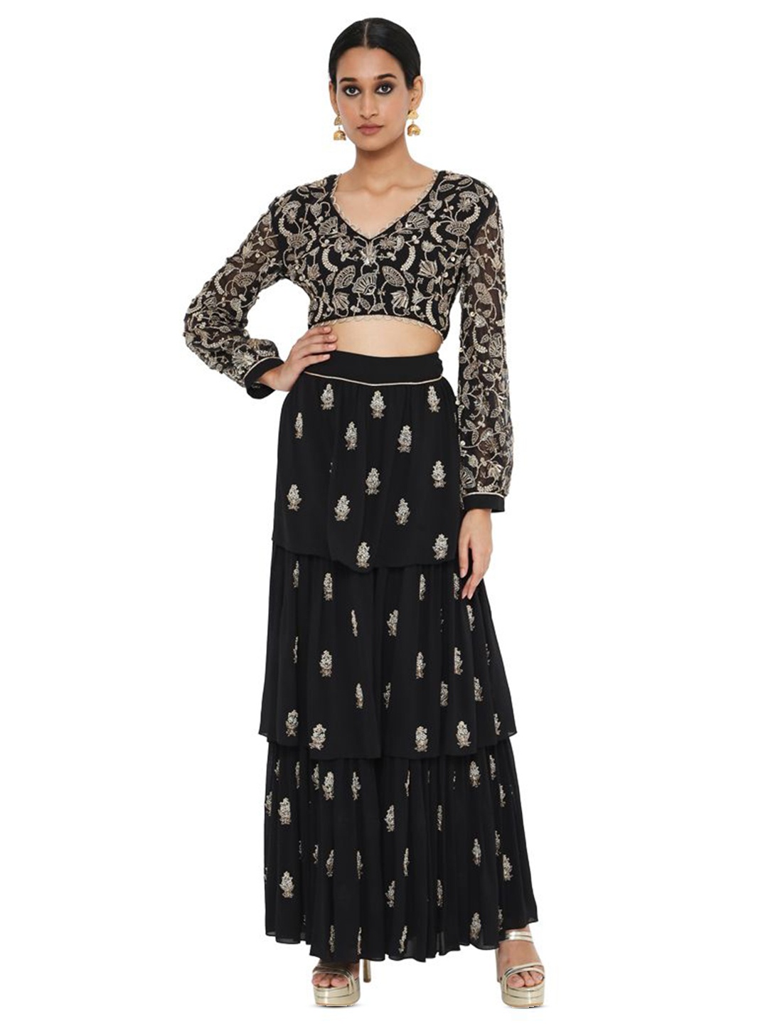 

Payal Singhal Anika Embroidered Choli With Layered Sharara Co-Ords, Black
