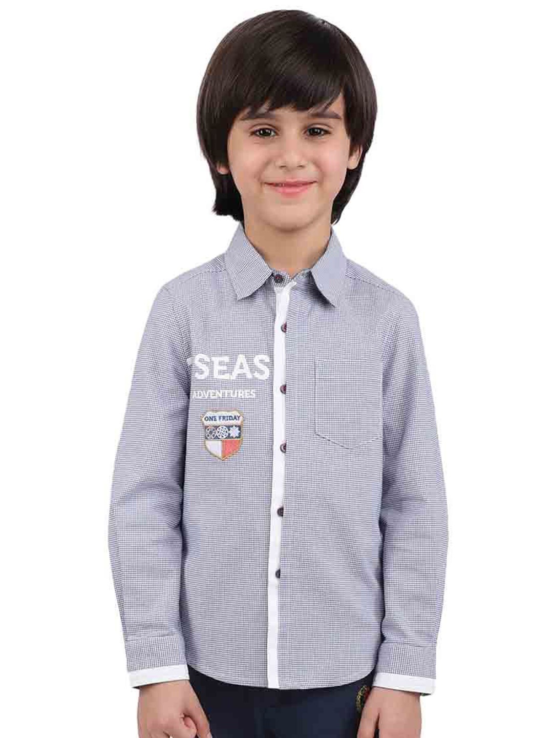 

One Friday Boys Comfort Embroidered Micro Checked Cotton Casual Shirt, Blue