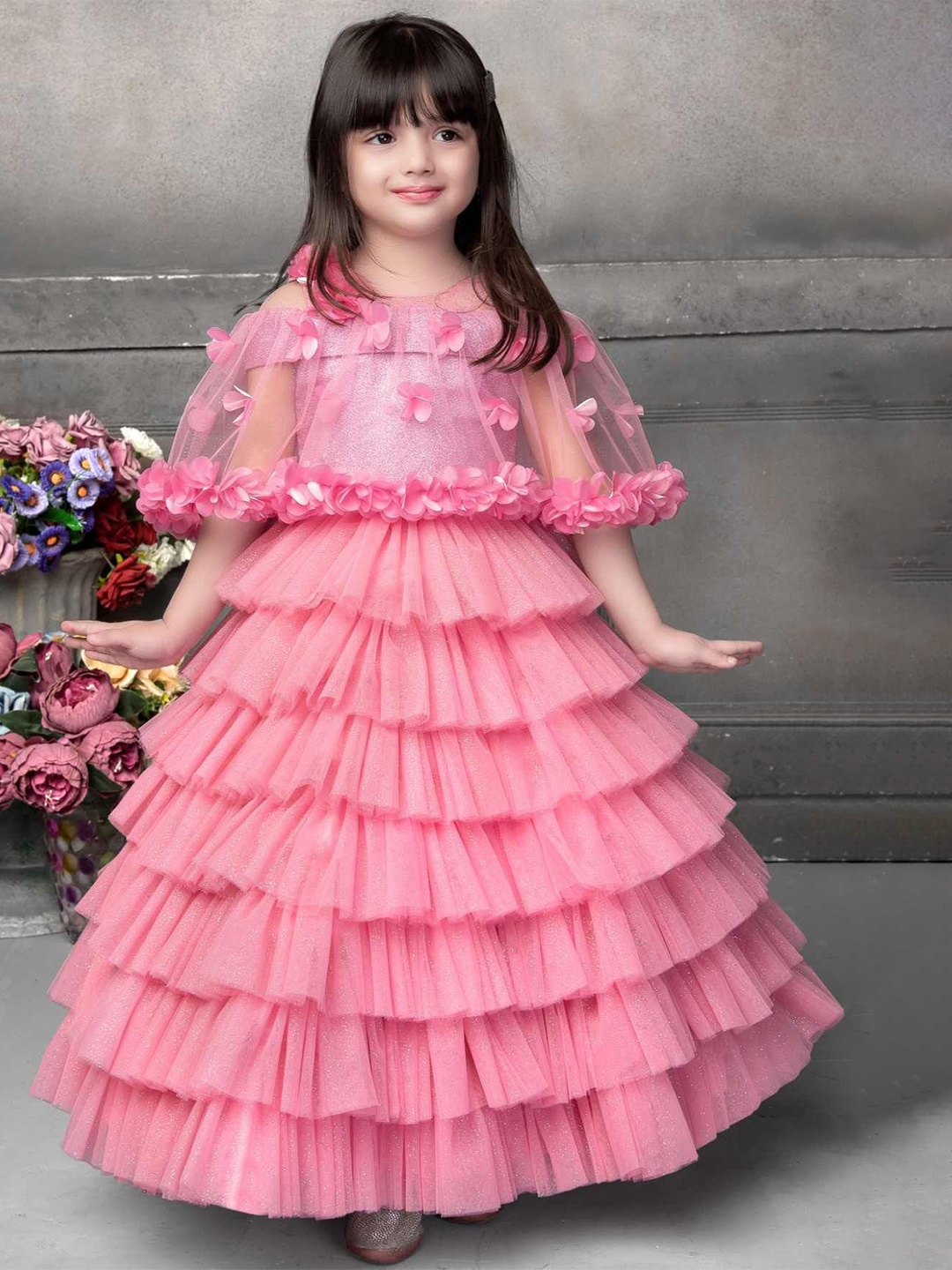 

Lagorii Girls Layered Net Fit & Flare Dress, Pink