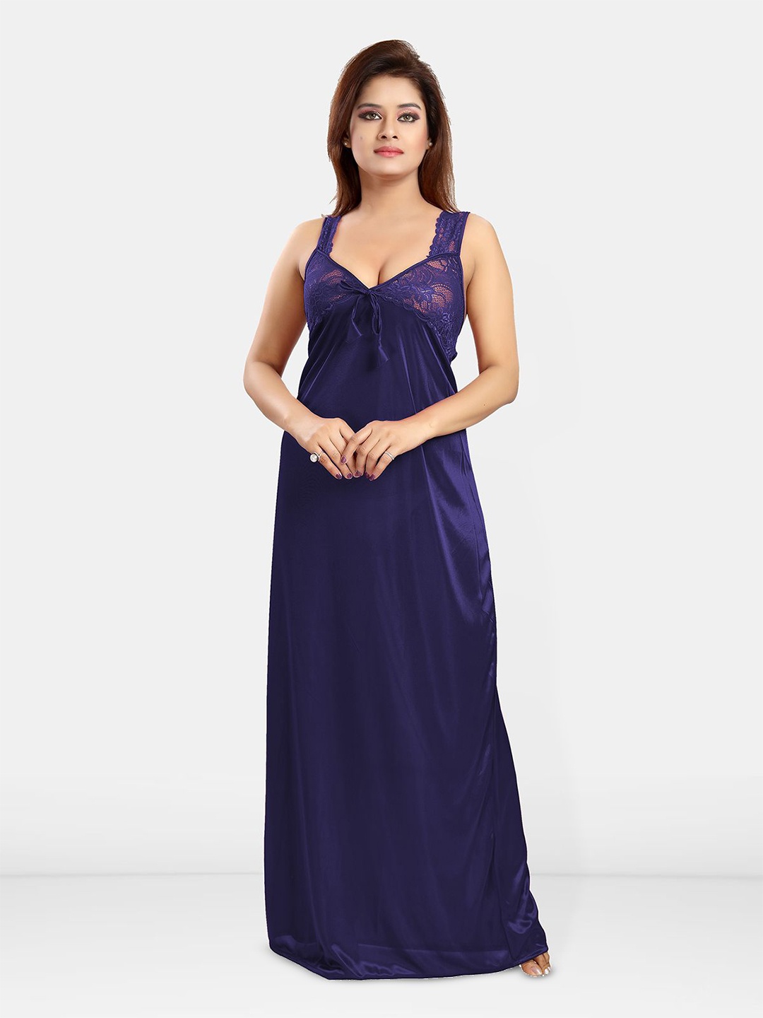 

Be You Women Self Design Sweetheart Neck Maxi Nightdress, Navy blue