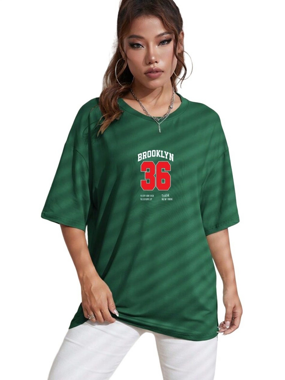 

TABADTOD Women Varsity Printed Drop Shoulder Sleeves Oversized T-shirt, Green