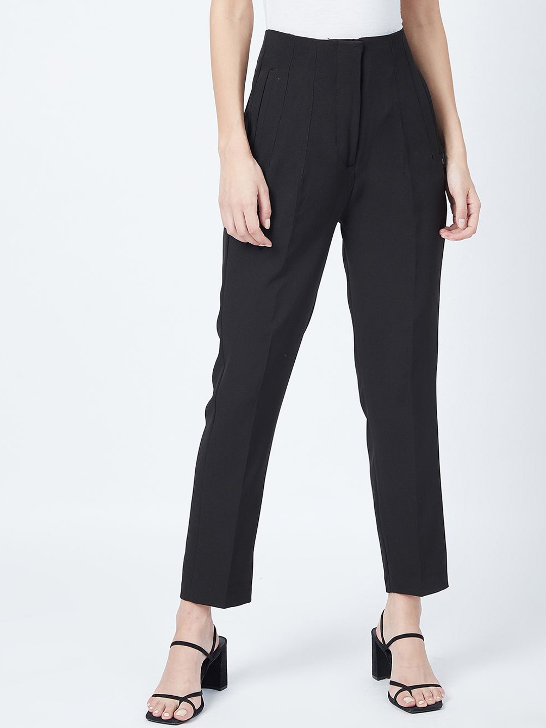 

DELAN Women Relaxed Slim Fit High-Rise Easy Wash Trousers, Black