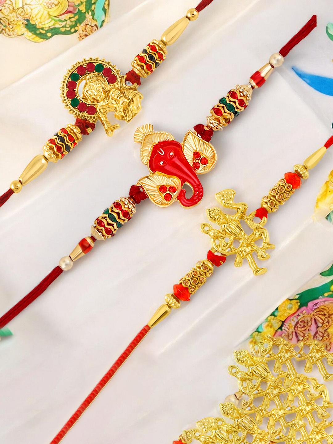

Okos Set of 3 Beaded Thread Rakhis, Gold