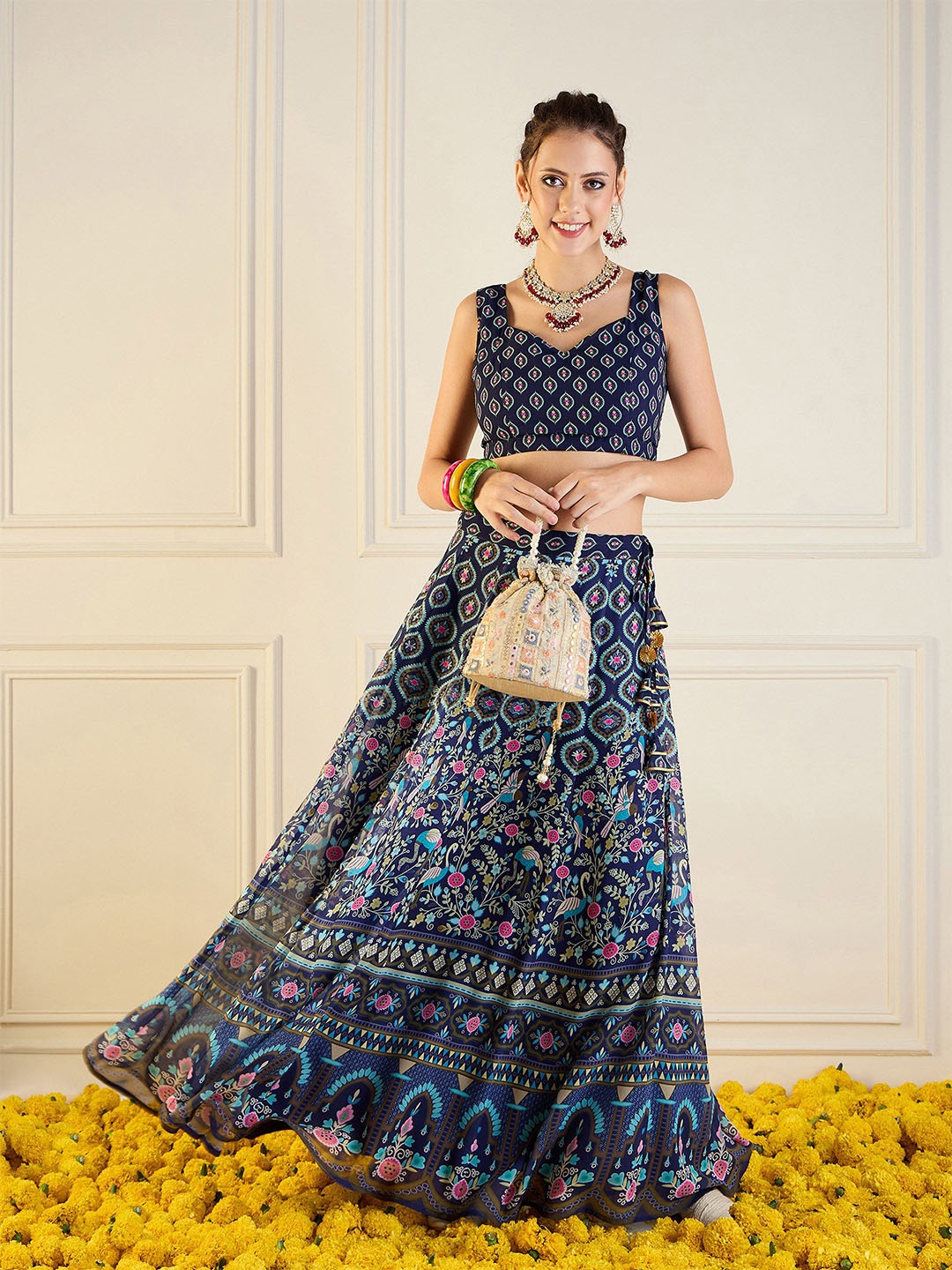 

Shae by SASSAFRAS Printed Sweetheart Neck Ready to Wear Lehenga & Choli, Navy blue